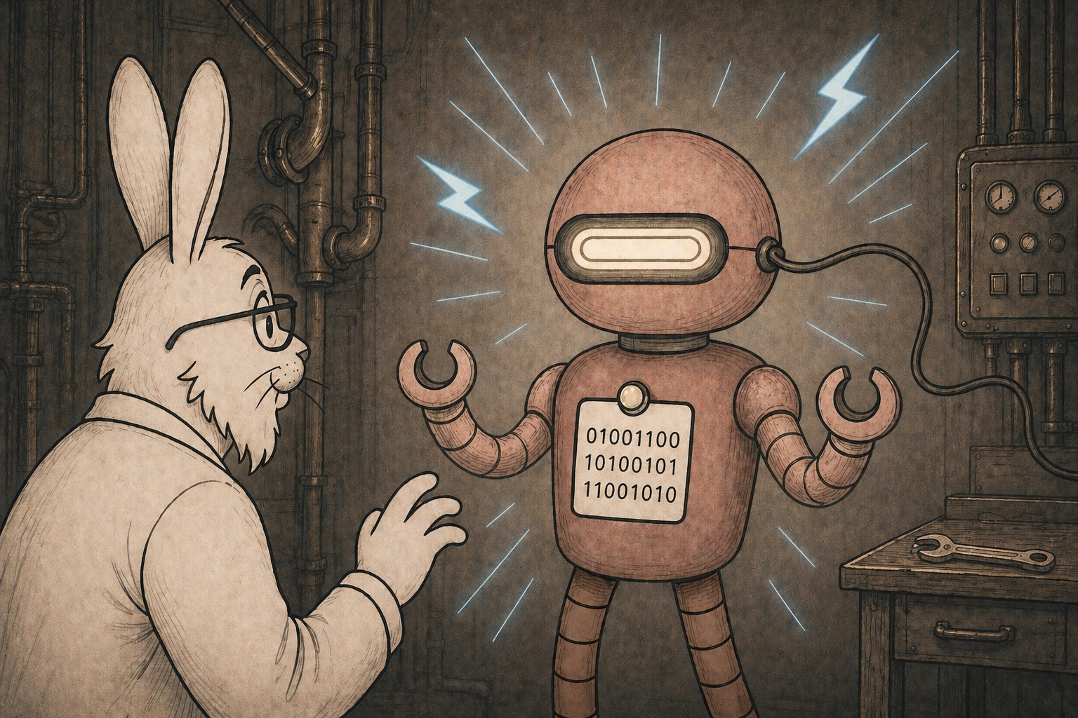 Illustration of a rabbit in a workshop facing a glowing robotic machine that appears activated and interacting with him.
