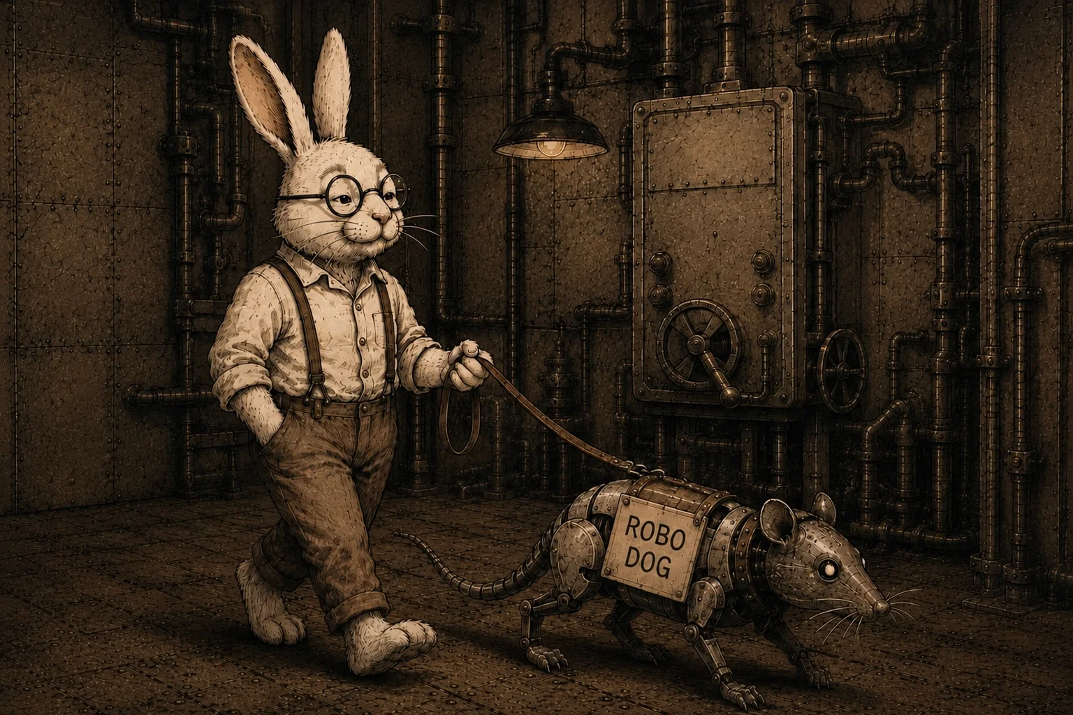 Illustration eines Hasen, der ein mechanisches Tier an der Leine führt, das trotz der Beschriftung „Robo Dog“ eher wie eine robotische Ratte wirkt.