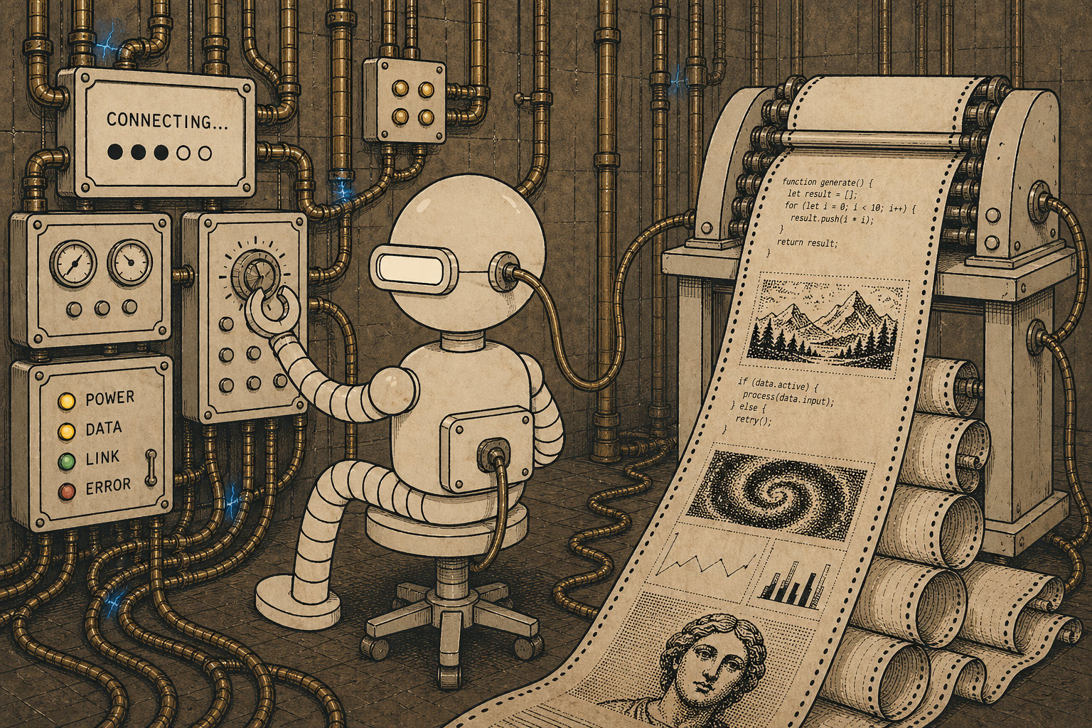 Illustration einer retrofuturistischen Maschine mit einem Roboter, der an einer Konsole sitzt, während Kabel und Anzeigen einen Verbindungsaufbau zeigen und eine lange Papierrolle mit Code, Bildern und Diagrammen ausgegeben wird.