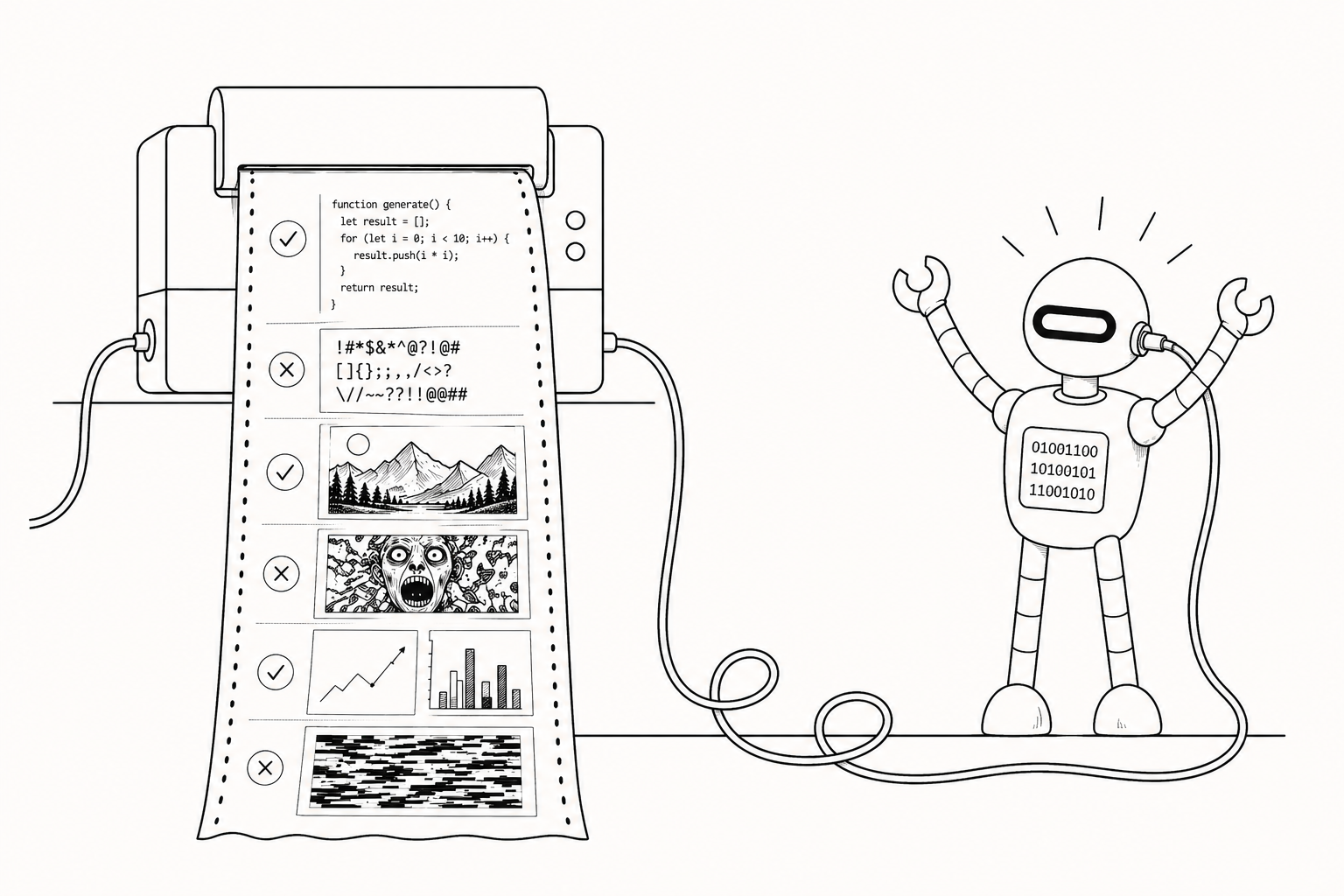 Minimalistische Illustration eines Roboters neben einem Drucker, der eine lange Liste mit gemischten Ergebnissen ausgibt, darunter Code, Bilder, Diagramme und fehlerhafte Inhalte.