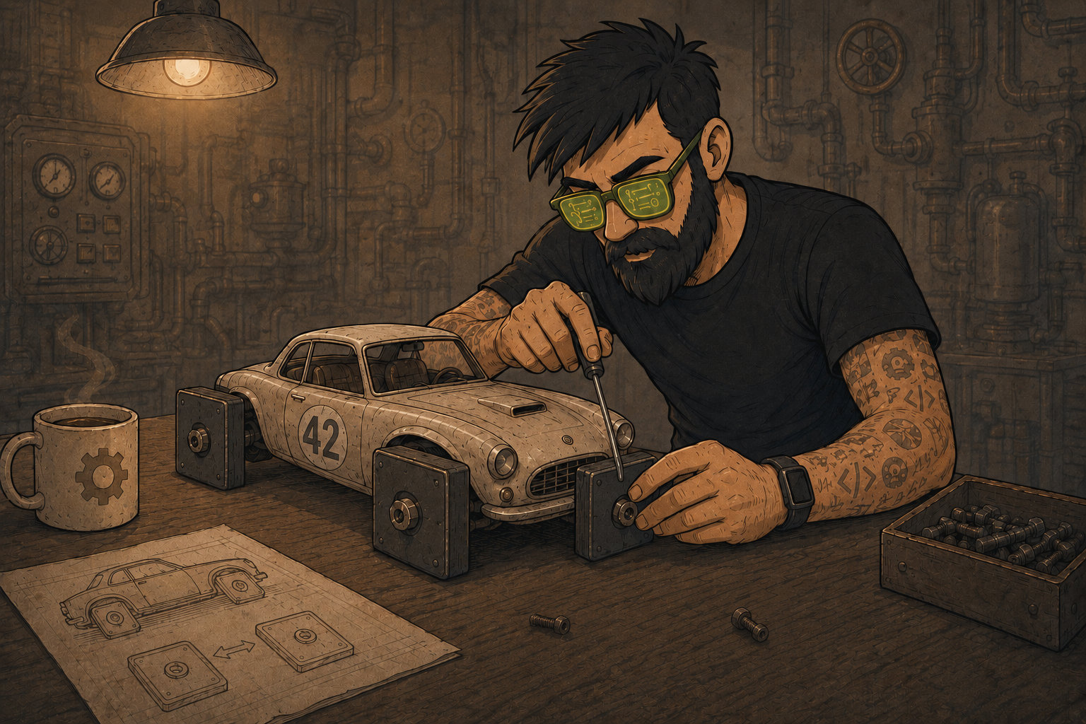 Illustration einer Person, die ein Modellauto mit abstrahierten, austauschbaren Rädern auf einer Werkbank montiert, umgeben von Werkzeugen und technischen Skizzen.