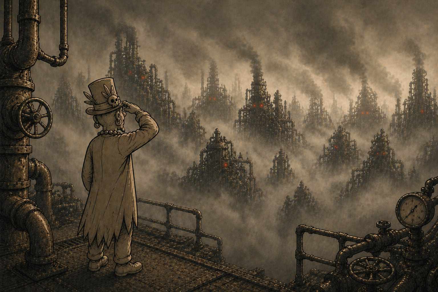 Illustration einer Figur auf einer Plattform, die auf eine weitläufige, nebelverhangene Industrielandschaft aus Rohren und Anlagen blickt.
