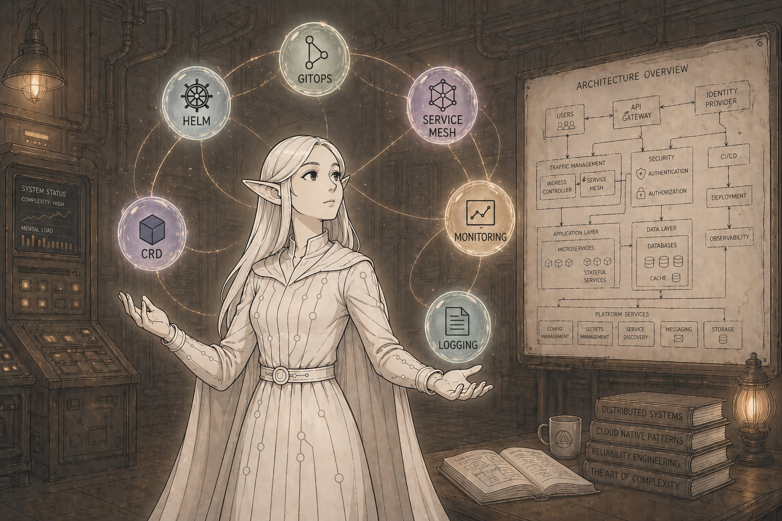Illustration of a figure in a technical environment surrounded by floating symbols for tools like GitOps, Helm, service mesh, monitoring, and logging, with a complex architecture diagram in the background.