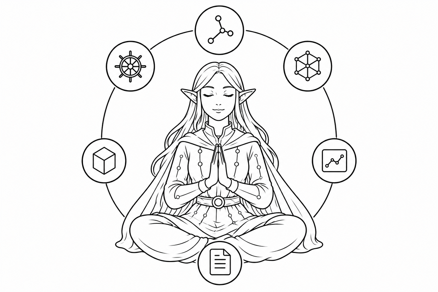 Minimalist illustration of a meditating figure surrounded by symbols for various technical tools and concepts arranged in a circle.