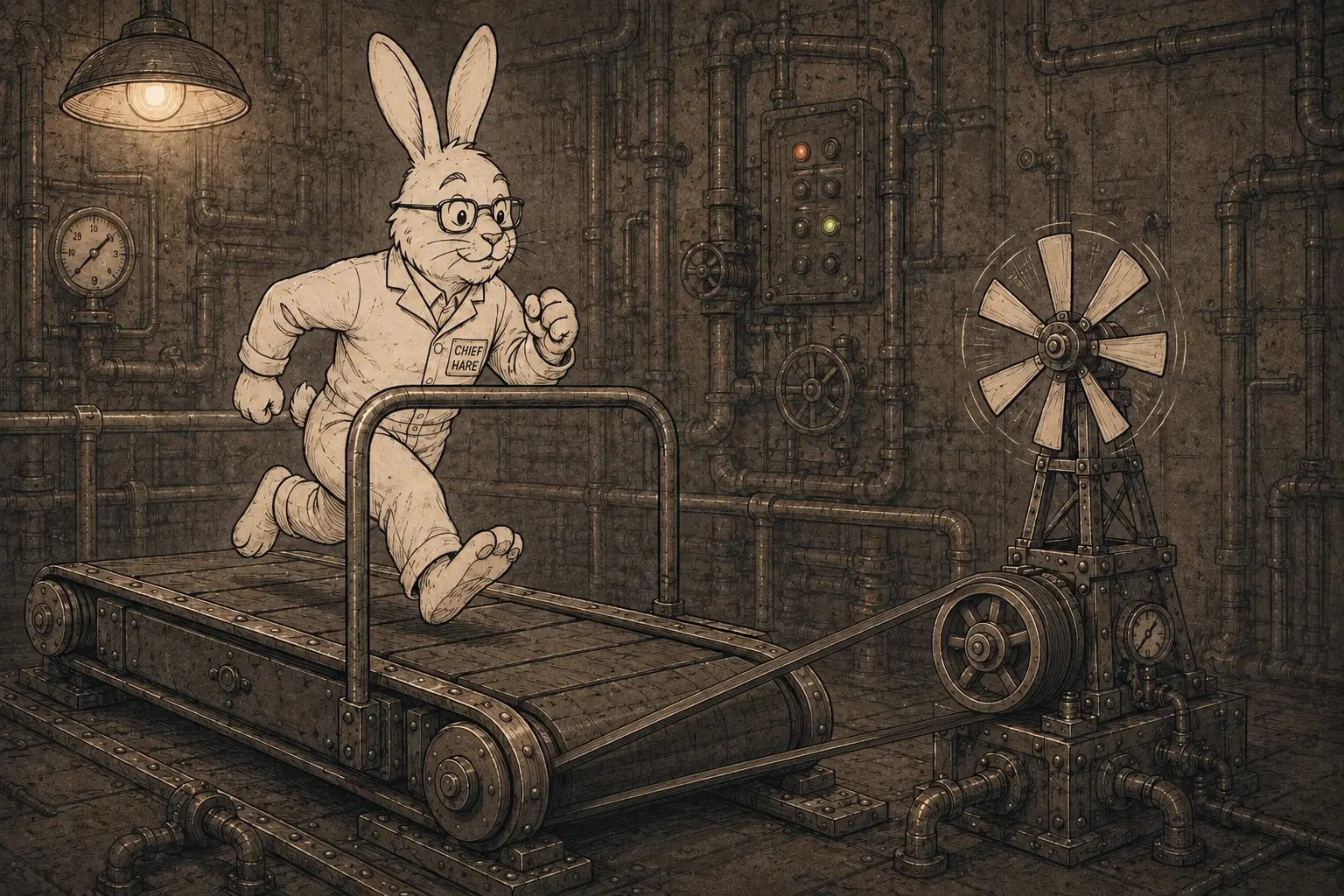 Illustration eines Hasen auf einem mechanischen Laufband in einer industriellen Umgebung, das über Riemen und Maschinen angetrieben wird.