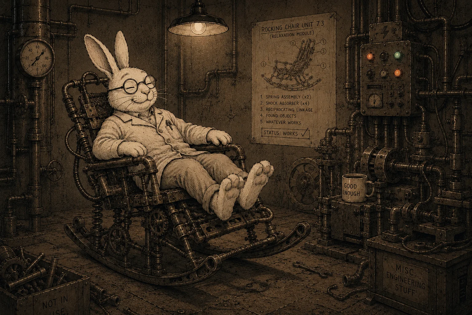 Illustration eines Hasen in einem übermäßig komplex konstruierten Schaukelstuhl, der trotz seiner aufwendigen Mechanik offensichtlich seinen Zweck erfüllt.