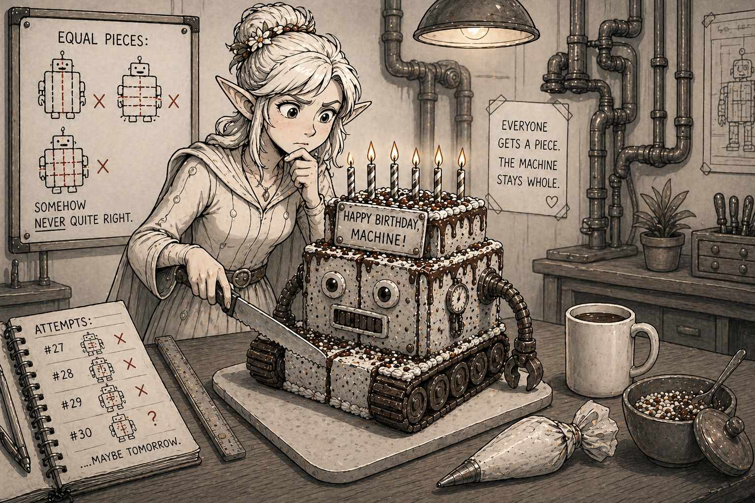 Illustration einer Figur, die einen kuchenförmigen Roboter anschneidet, während Skizzen und Notizen im Hintergrund darauf hinweisen, dass das Aufteilen nie ganz aufgeht.