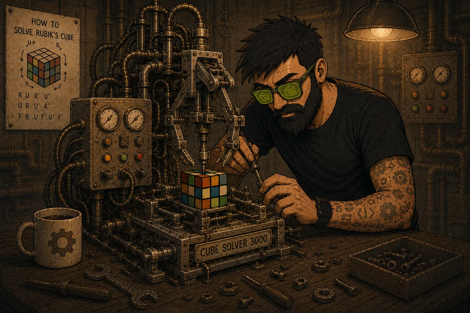 Illustration einer Person, die eine komplexe Maschine zum Lösen eines Rubik's Cube baut, umgeben von Werkzeugen, Kabeln und technischen Skizzen.