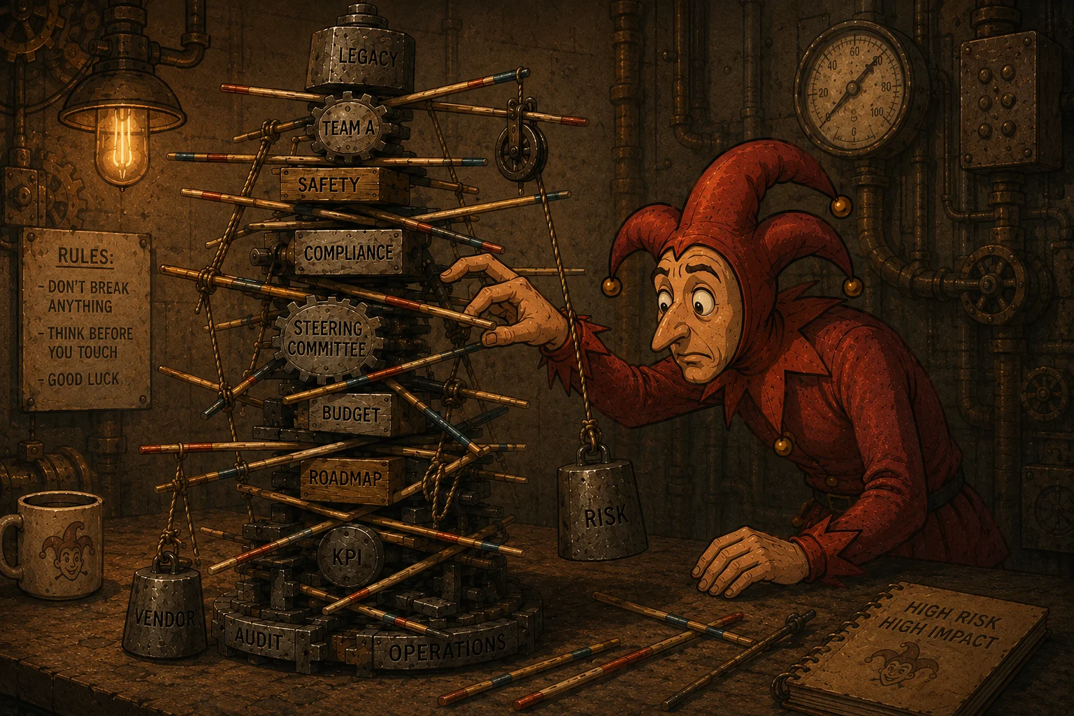 Illustration eines Hofnarren, der vorsichtig an einem instabilen Turm aus Regeln, Teams und organisatorischen Abhängigkeiten arbeitet, während Gewichte mit Begriffen wie Risiko und Vendor daran hängen.