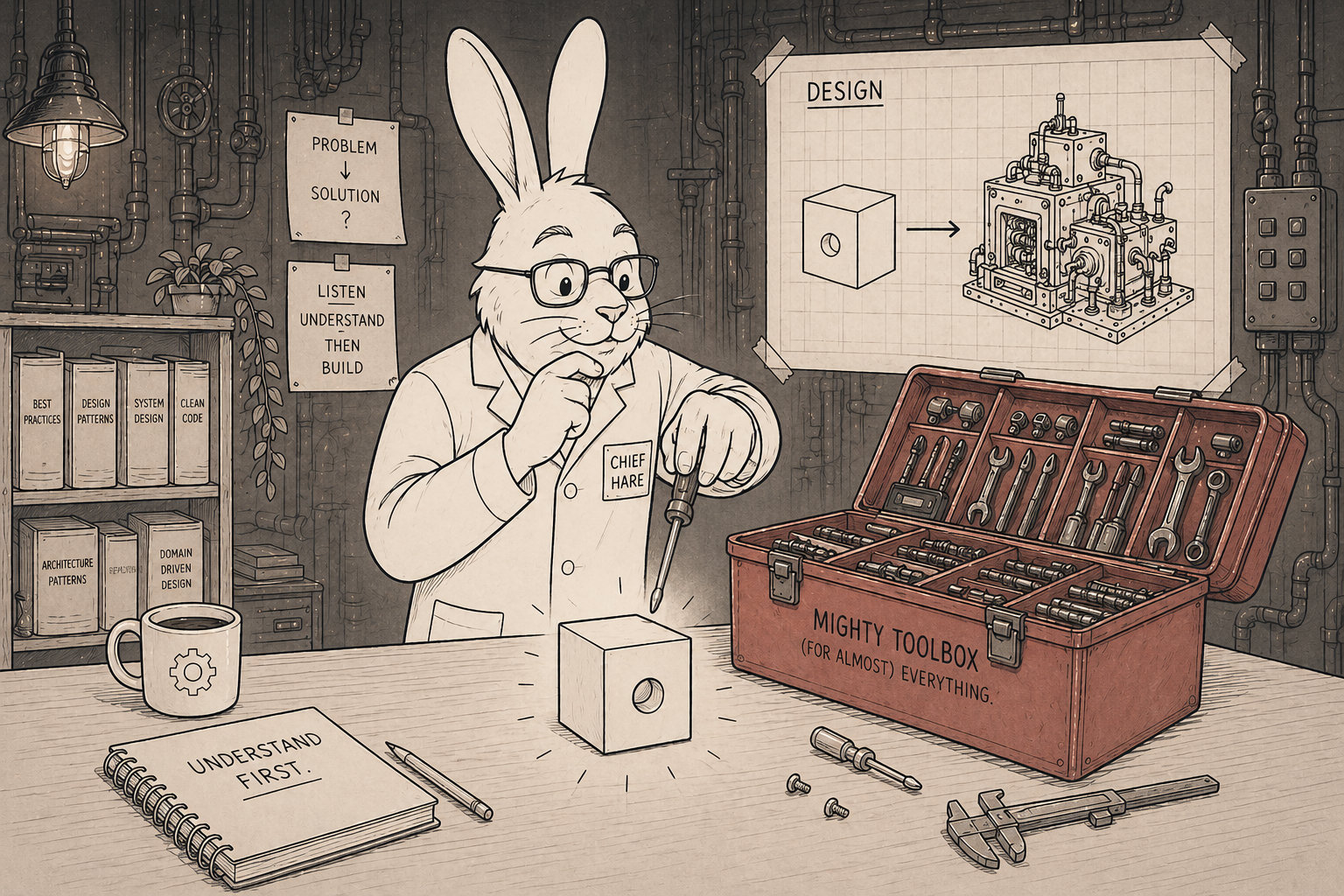 Illustration eines Hasen in einer Werkstatt, der vor einer offenen Werkzeugkiste sitzt und einen einfachen Würfel betrachtet, während im Hintergrund ein komplexer technischer Bauplan hängt.