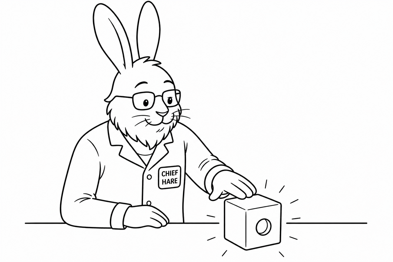 Minimalistische Illustration eines Hasen im Laborkittel, der einen kleinen Würfel auf einem Tisch vorsichtig berührt.