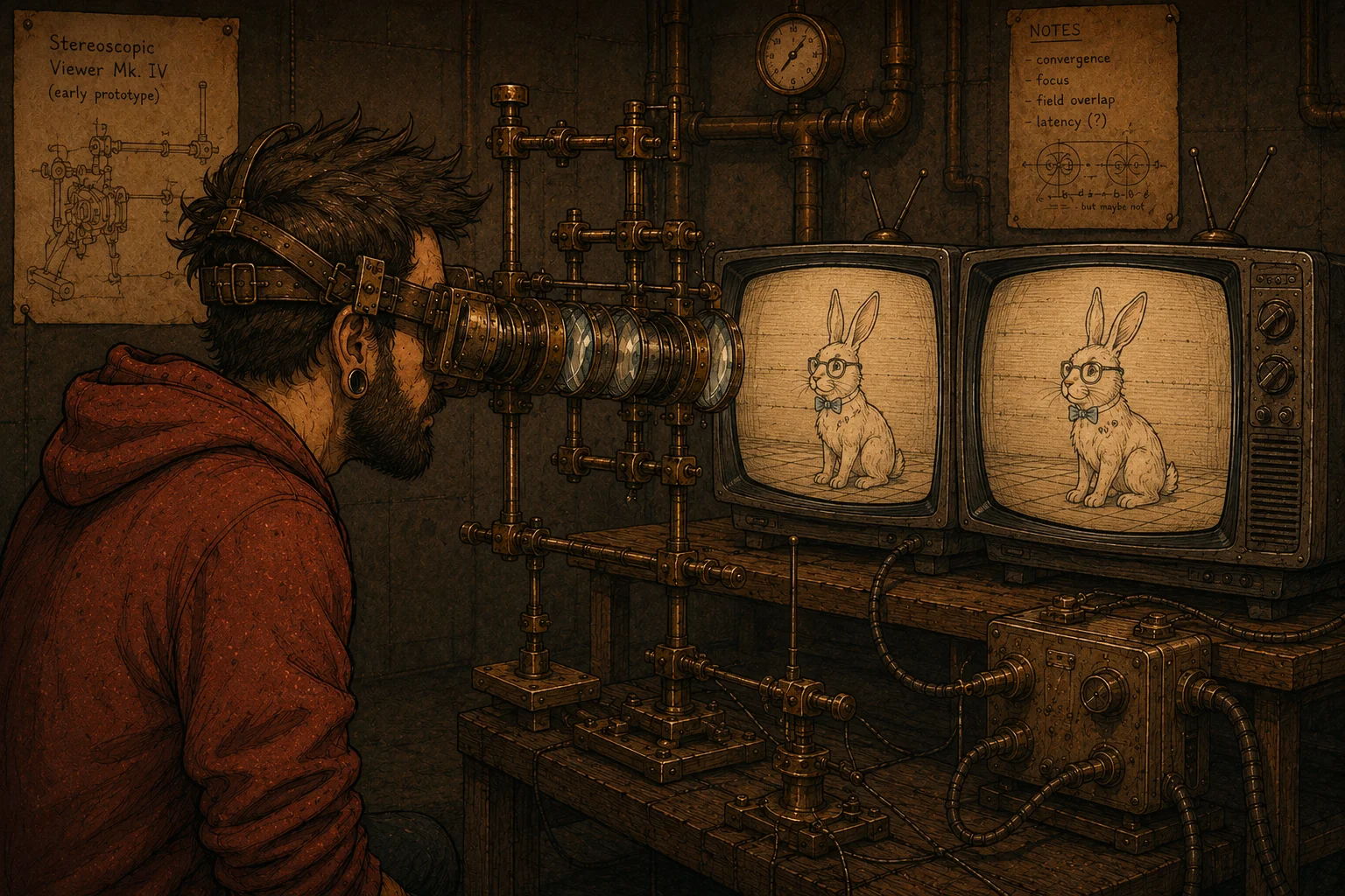 Illustration einer Person, die durch einen experimentellen stereoskopischen Betrachter auf zwei Bildschirme blickt, die nahezu identische Ansichten eines Hasen zeigen.